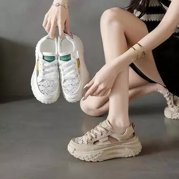Летние новые дышащие туфли для папы, женские повседневные туфли для студентов, женские кроссовки на платформе для бега, женские 35 хаки