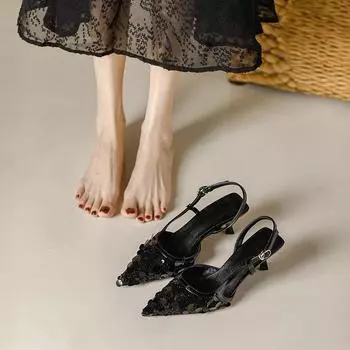 Летние новые фея темперамент высокие каблуки одинарные туфли ретро свадебный подарок туфли заостренные блестки сумка голова назад пустые прямые поставки с фабрики 34 чёрный