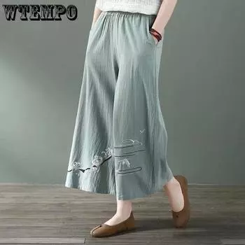 Летние новые хлопковые и конопляные шаровары женские свободные большие повседневные брюки тонкие клетчатые брюки девять четвертей M розы красного