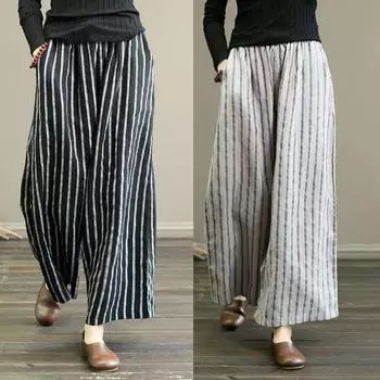 Летние новые художественные женские повседневные брюки, свободные полосатые хлопковые льняные брюки с эластичной резинкой на талии, широкие брюки, длинные брюки M серый