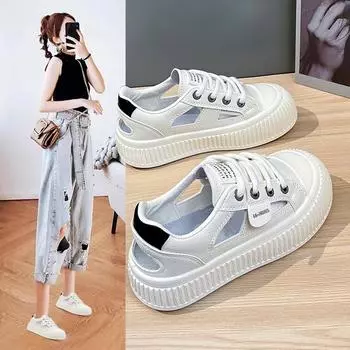 Летние новые корейские дышащие белые туфли женские полые туфли для отдыха на доске с толстой подошвой универсальные женские туфли Muffin 35