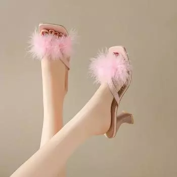 Летние новые корейские тапочки из плюша, женские тапочки с толстым каблуком и квадратным узором в елочку, модные тапочки на высоком каблуке 35