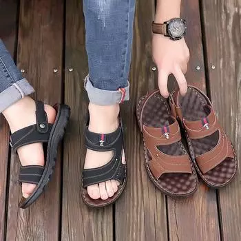 Летние новые кожаные мужские пляжные туфли нескользящие повседневные сандалии на толстой подошве мужские 38 чёрный