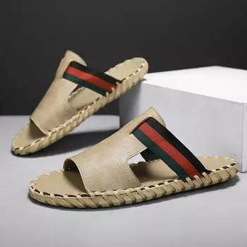 Летние новые кожаные тапочки с плоским дном и одним словом для мужчин, для повседневной носки дома, на открытом воздухе, на пляже, классные тапочки 39