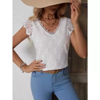 Летние новые кружевные сращивания, женская мода тонкий срез V-образный вырез пуловер рубашка топы снаружи S белый