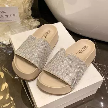 Летние новые маффины на толстой подошве, крутые шлепанцы на одно слово, шлепанцы с бисерной цепочкой ручной работы, женская обувь, увеличивающая рост, шлепанцы 35 бежевый