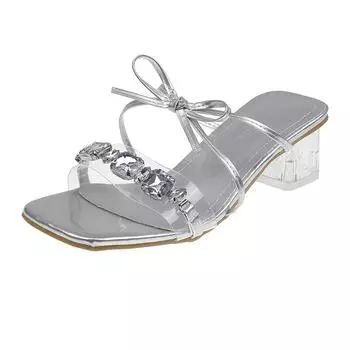 Летние новые массивные босоножки женские модные квадратные босоножки со стразами прозрачные ленты узел бабочка нескользящие высокие каблуки 35