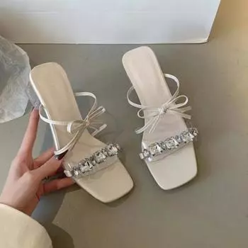 Летние новые массивные босоножки женские модные квадратные босоножки со стразами прозрачные ленты узел бабочка нескользящие высокие каблуки 35 серебряный