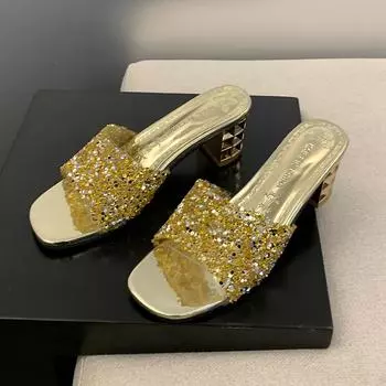 Летние новые массивные тапочки женские модные круглые открытые носки из пайеток ткань без застежек противоскользящие износостойкие высокие каблуки 36