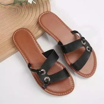 Летние новые модные однотонные женские тапочки с круглым носком и открытым носком в стиле минимализма, кожаные, большие 36 чёрный