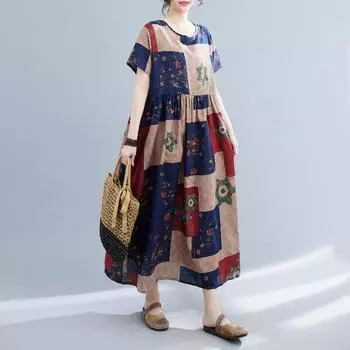 Летние новые модные платья женские повседневные элегантные хлопковые рами с принтом большой подол свободные большие размеры винтажное пляжное платье миди Free Size