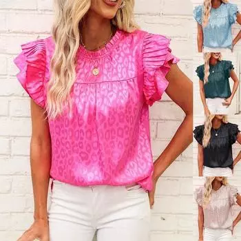 Летние новые модные повседневные рубашки с леопардовым принтом, женские летние топы, облегающая повседневная блузка с рукавами-крылышками для женщин, элегантная однотонная рубашка-пуловер 26626 S мерцание