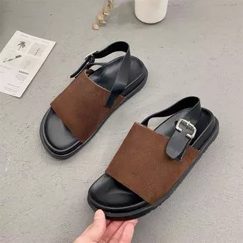 Летние новые модные сандалии из искусственной кожи с простым носком для женщин в стиле ретро на плоской подошве с пряжкой повседневные легкие 35 бежевый