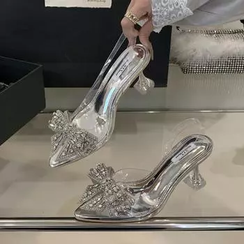 Летние новые модные сандалии с бисером, прозрачные, красивые, не утомляющие, на прозрачном высоком каблуке 35 серебряный