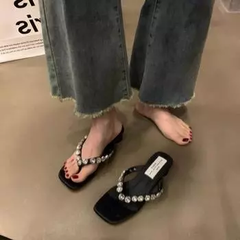 Летние новые модные сандалии со стразами, толстые шлепанцы, женские пляжные сандалии с принтом «голова» и сандалии, ленивые туфли 35 чёрный