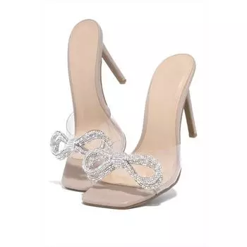 Летние новые модные сексуальные удобные банкетные повседневные элегантные женские тапочки со стразами и ПВХ на высоком каблуке с бантом 36