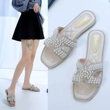 Летние новые модные тапочки с инкрустацией из бриллиантов 2024 года в корейском стиле, удобные и дышащие туфли на плоской подошве, повседневные, противоскользящие и прочные 34 бежевый