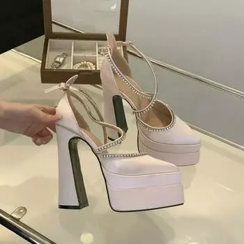 Летние новые модные туфли на платформе с толстым каблуком и острым носком из сатина, женские одинарные туфли 35