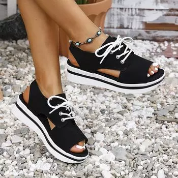 Летние новые модные туфли на плоской подошве с открытым носком для женщин повседневные сандалии на платформе удобные дизайнерские увеличивающие рост пляжные туфли 36 чёрный