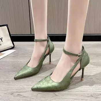 Летние новые модные туфли на высоком каблуке для женщин 2024 года, однотонные, с острым носком, с ремешком на пуговицах, универсальные, для банкета 34