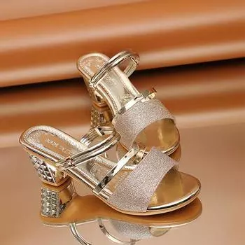Летние новые модные женские босоножки на высоком каблуке 35 золотой