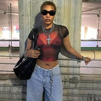 Летние новые модные женские футболки с 3D принтом, сетчатая прозрачная прозрачная сексуальная футболка с коротким рукавом, женская футболка с круглым вырезом, повседневная укороченная футболка 24397 S чёрный