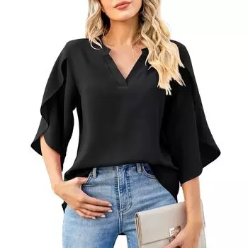 Летние новые модные женские топы с рукавами-лепестками, свободная шифоновая рубашка с v-образным вырезом L чёрный