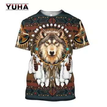 Летние новые мужские футболки для рыбалки с индийским рисунком волка, одежда с 3D-принтом, летние топы, модная повседневная футболка с короткими рукавами- S