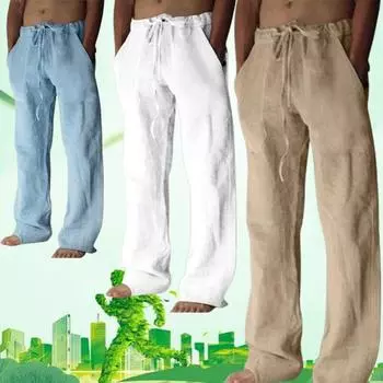 Летние новые мужские хлопковые льняные брюки повседневные свободные большого размера однотонные дышащие фитнес спортивные беговые уличная одежда M белый