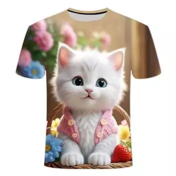 Летние новые мужские и женские футболки с короткими рукавами и принтом в виде милого котенка из популярной серии мультфильмов XS