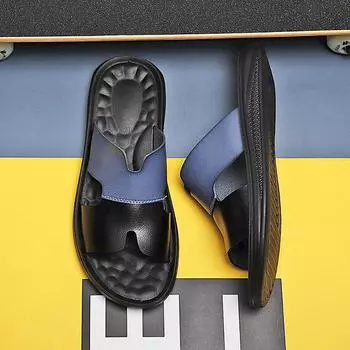 Летние новые мужские кожаные сандалии, дышащие, пляжные, с плоским дном, с открытым носком, модная и удобная обувь, летние тапочки 38 синий