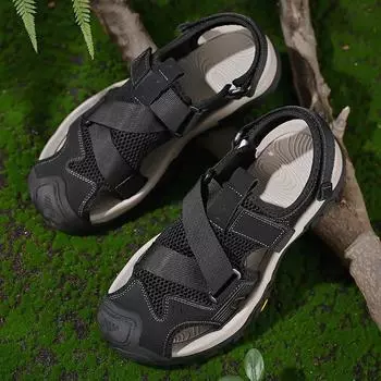 Летние новые мужские сандалии легкие дышащие нескользящие уличные пляжные туфли с сумкой 38 чёрный