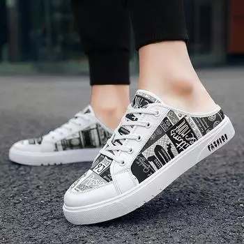 Летние новые мужские тапочки, брендовые удобные повседневные туфли для мужчин, модные плоские кроссовки с принтом, высококачественные ленивые мужские полутапочки 39 чёрный