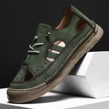 Летние новые мужские удобные сандалии большого размера с ручной строчкой на одну ногу, модные мужские сандалии на мягкой подошве с нескользящей подошвой для пляжа 38 бежевый