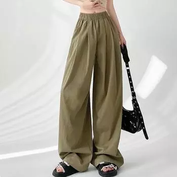 Летние новые однотонные повседневные широкие брюки женские модные с высокой талией плиссированные прямые свободные брюки женские узкие карманы простые винтажные женские брюки 25707 S синий