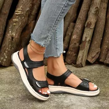 Летние новые однотонные сандалии на круглой подошве с одним словом Velcro для женщин большого размера на платформе 36 чёрный