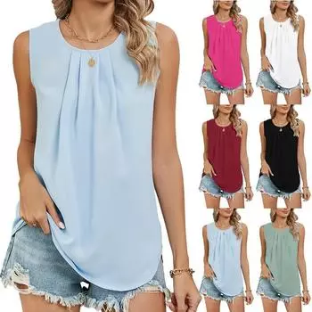 Летние новые однотонные свободные рубашки без рукавов для женщин, элегантные облегающие блузки с круглым вырезом, топы, простые офисные блузки в стиле ретро для женщин 26537 S чёрный