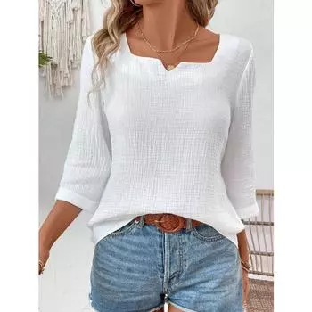 Летние новые однотонные женские блузки и рубашки с рукавами семь четвертей S белый