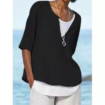 Летние новые однотонные женские рубашки больших размеров с V-образным вырезом, повседневные модные простые свободные блузки с круглым вырезом, женские топы, элегантные винтажные женские белые блузки S-5XL 26189 4XL чёрный