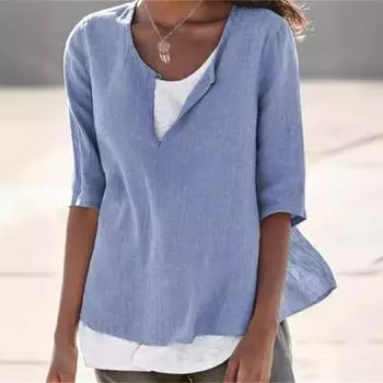 Летние новые однотонные женские рубашки больших размеров с V-образным вырезом, повседневные модные простые свободные блузки с круглым вырезом, женские топы, элегантные винтажные женские белые блузки S-5XL 26189 S белый