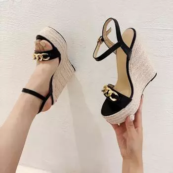 Летние новые плетеные пеньковые веревочные босоножки на танкетке женские сандалии на платформе с открытым носком цепочка украшение на щиколотке пряжка ремешок туфли на высоком каблуке 35