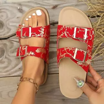Летние новые плоские сандалии женские модные с круглым носком с принтом золотая фланелевая пряжка противоскользящие износостойкие сандалии 36