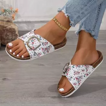 Летние новые плоские тапочки для женщин, модные круглые с металлической пряжкой, противоскользящие износостойкие сандалии 35