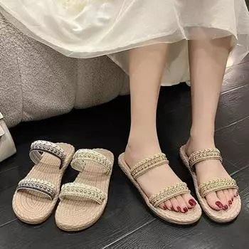 Летние новые плоские тапочки для женщин, плетеные пляжные туфли на плоской подошве, женские повседневные шлепанцы с открытым носком, с двойным ремнем, в стиле бохо 35 коричневый