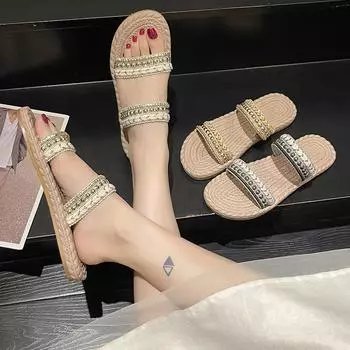 Летние новые плоские тапочки для женщин, плетеные пляжные туфли на плоской подошве, женские повседневные шлепанцы с открытым носком, с двойным ремнем, в стиле бохо 35 коричневый