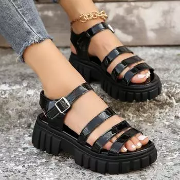 Летние новые повседневные дышащие универсальные женские сандалии на толстой подошве с одной пуговицей римские туфли большого размера оптом 36 чёрный