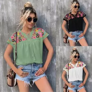 Летние новые повседневные рубашки со шнуровкой и вышивкой, женские топы, свободная блузка с рукавами «летучая мышь» для женщин, модные винтажные уличные узкие женские блузки 25821 S белый