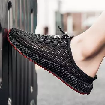 Летние новые повседневные сетчатые мужские модные полутапочки модные кроссовки универсальные низкие тапочки 39 чёрный