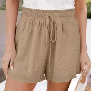 Летние новые повседневные свободные женские шорты, удобные широкие брюки, однотонные двухслойные мятые шорты S хаки