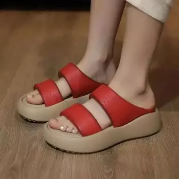 Летние новые простые женские тапочки 2024 года с круглым носком, открытым носком, однотонные, толстая подошва, наклонный каблук, удобная женская обувь 35 зелёный